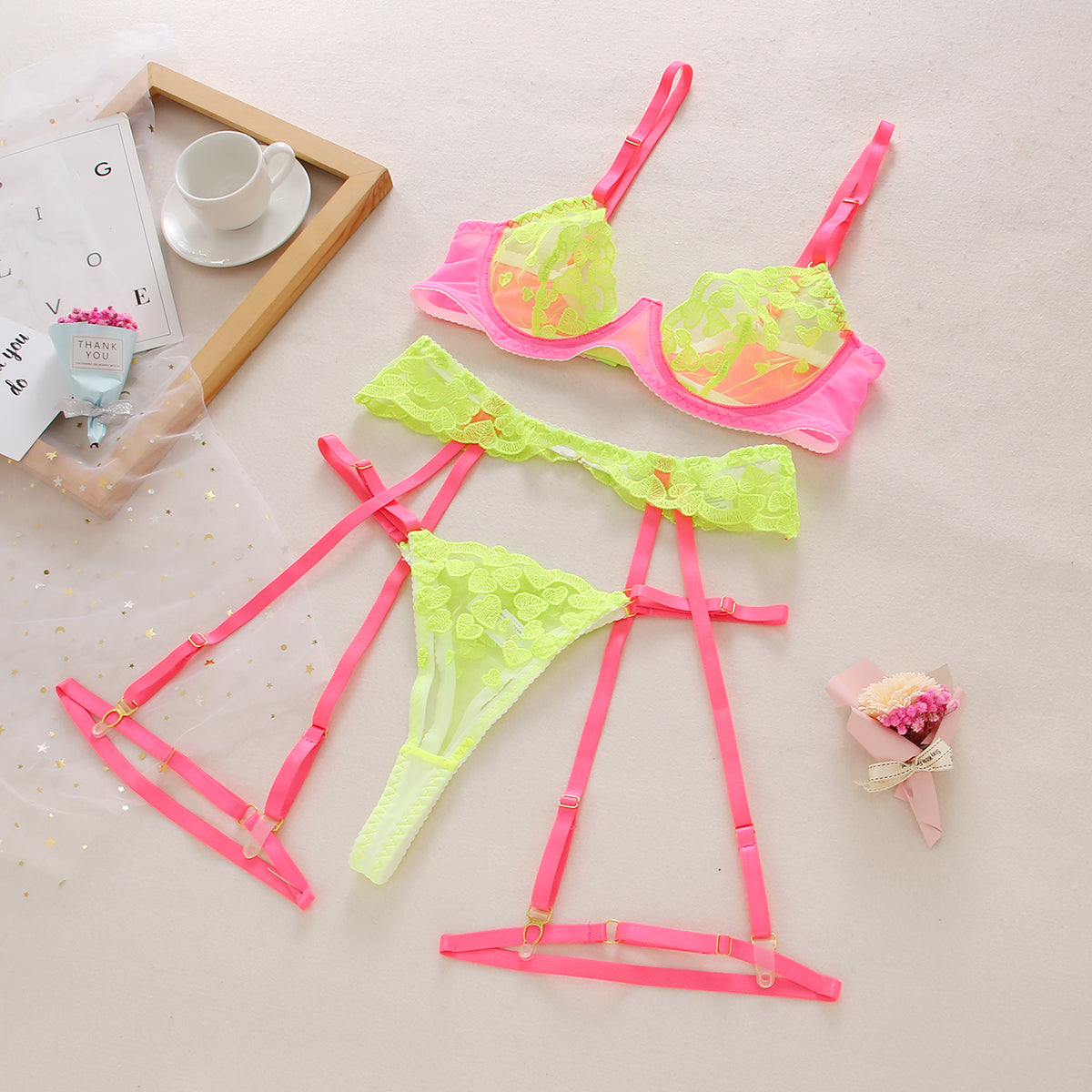 Hot Neon Lace Lingerie 3-Piece Garters Sets